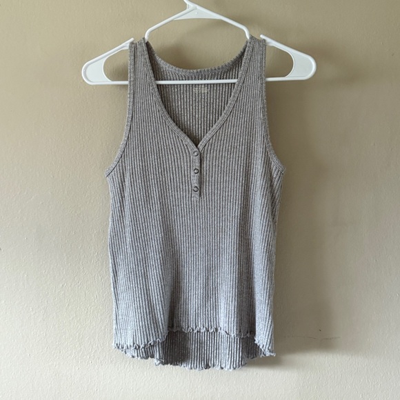 American Eagle Outfitters Tops - American Eagle Grey Henley Button Ribbed Tank Top with Ruffled Hem size S